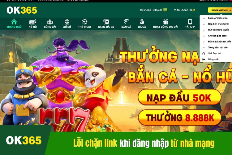 Cược thủ khi đăng nhập OK365 gặp phải lỗi chặn link từ nhà mạng